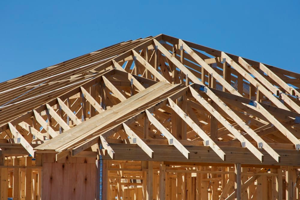 A new home under construction at the framing stage